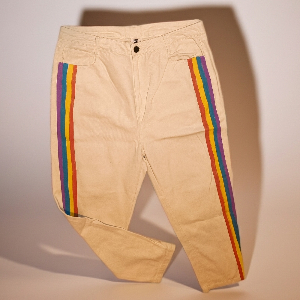 Lucy & Yak  Cream High Waist Jeans with Colorful Stripes UK 36R US 16 EUC